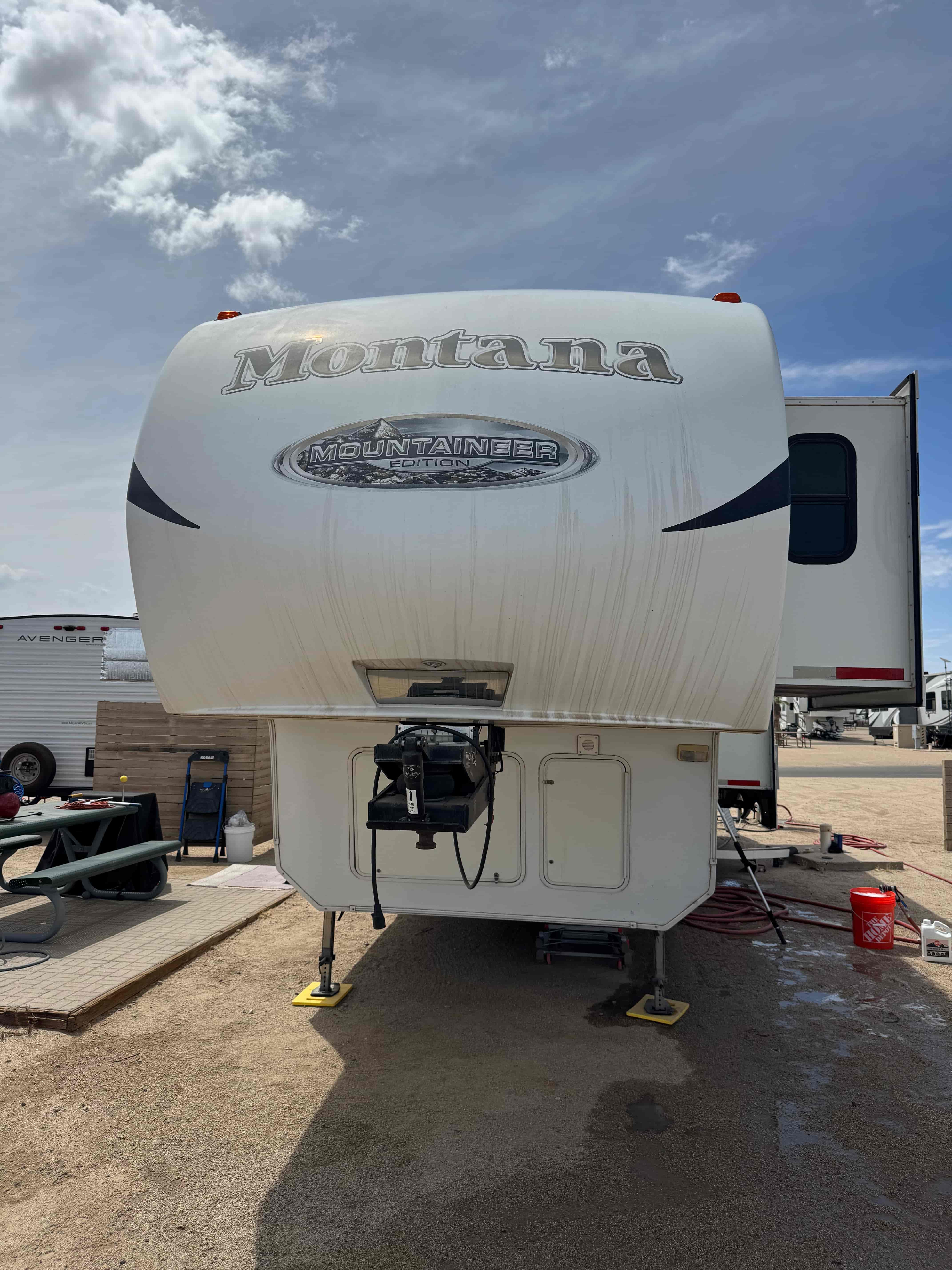RV front cap before exterior wash