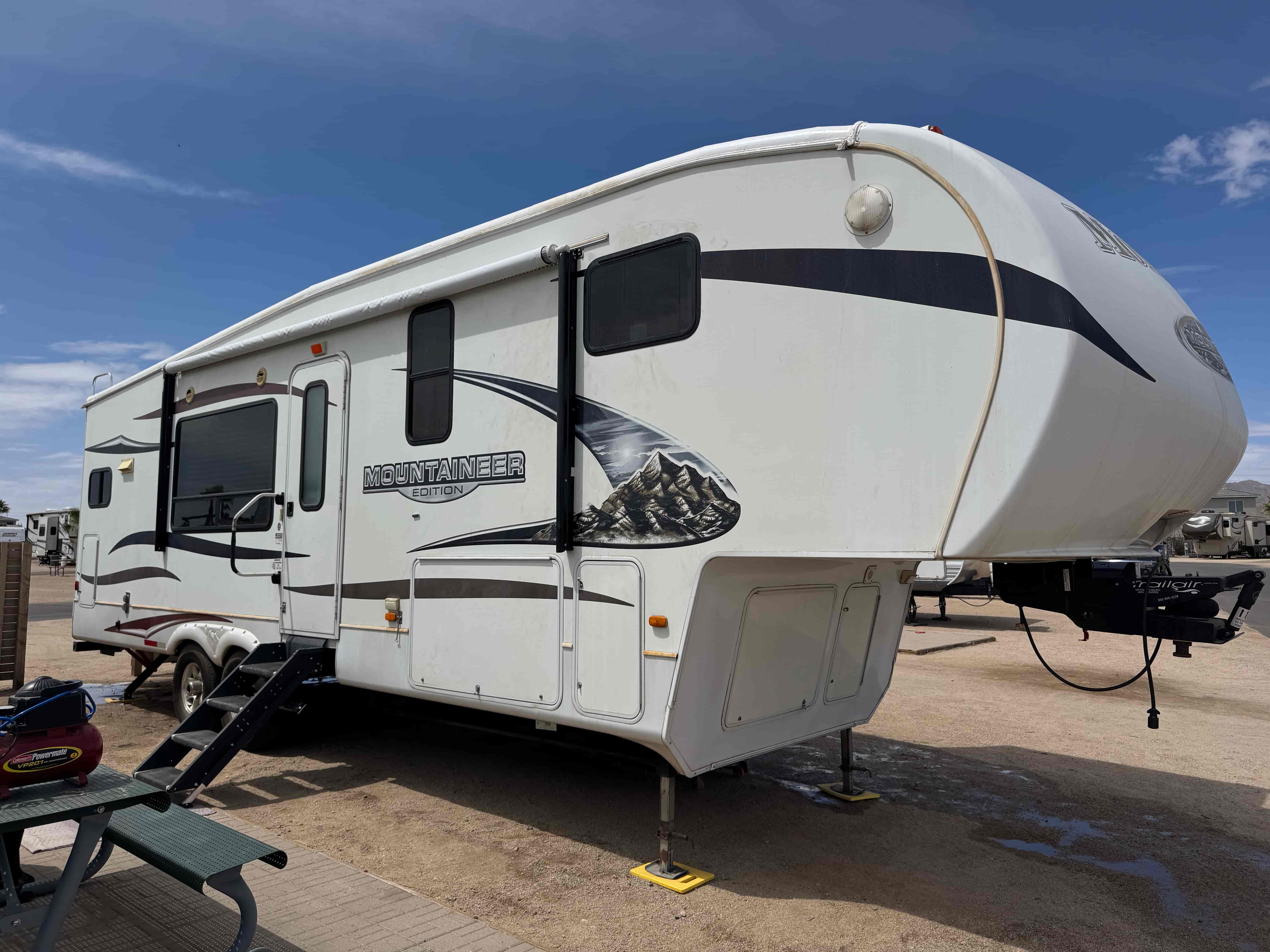 RV front right before exterior wash
