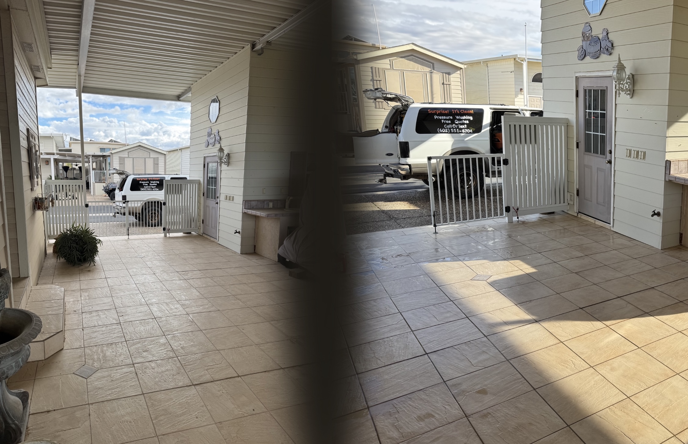 Entry tile cleaning - before on left, after on right