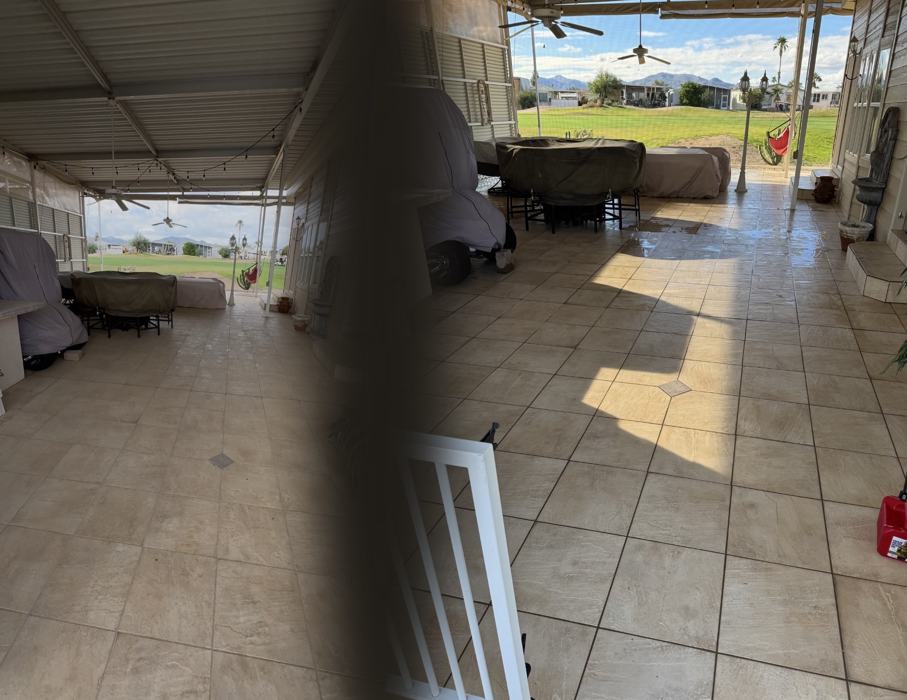 Patio cleaning - before on left, after on right