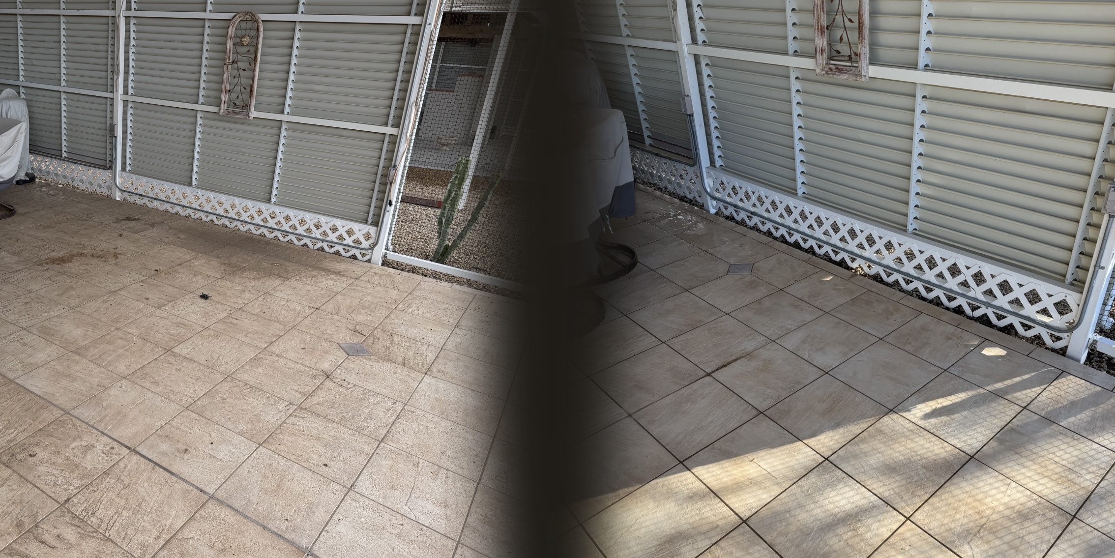 Patio cleaning - before on left, after on right