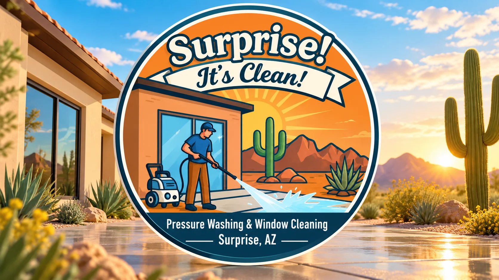 Surprise! It's Clean! desert-themed logo artwork