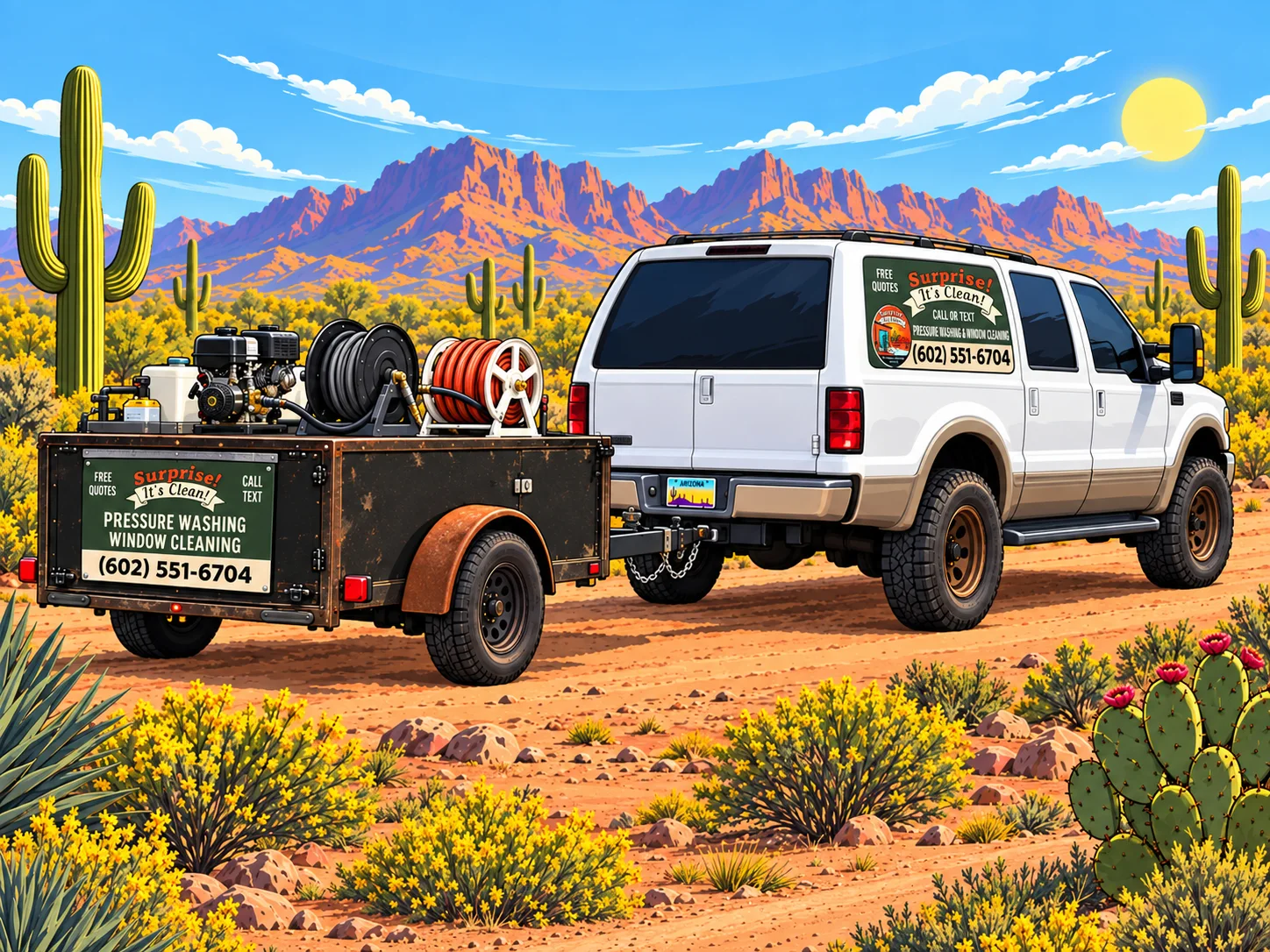 AI-generated illustrated placeholder based on the Surprise! It's Clean truck and pressure-washing trailer